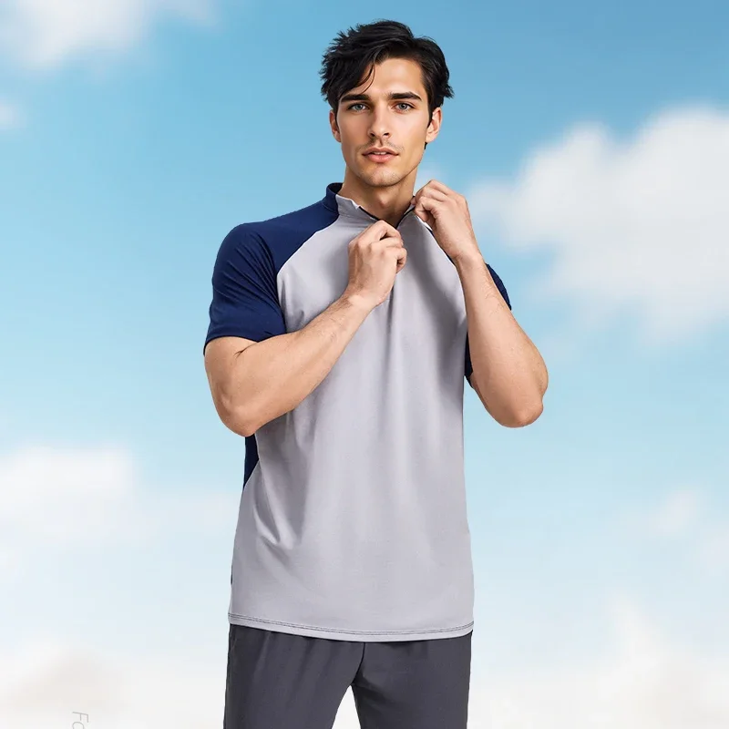 

Men's short sleeve led a half zipper men T-shirt color collision motion recreational style
