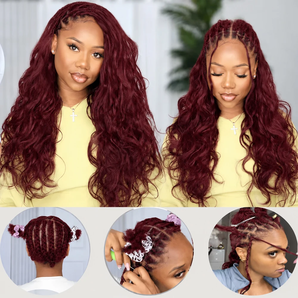 Luxury 99J Burgundy Crochet Human Hair Body Wave Extensions Feather Miracle Knots Knotless Pre Separated Invisible Braiding Hair For Women view 7
