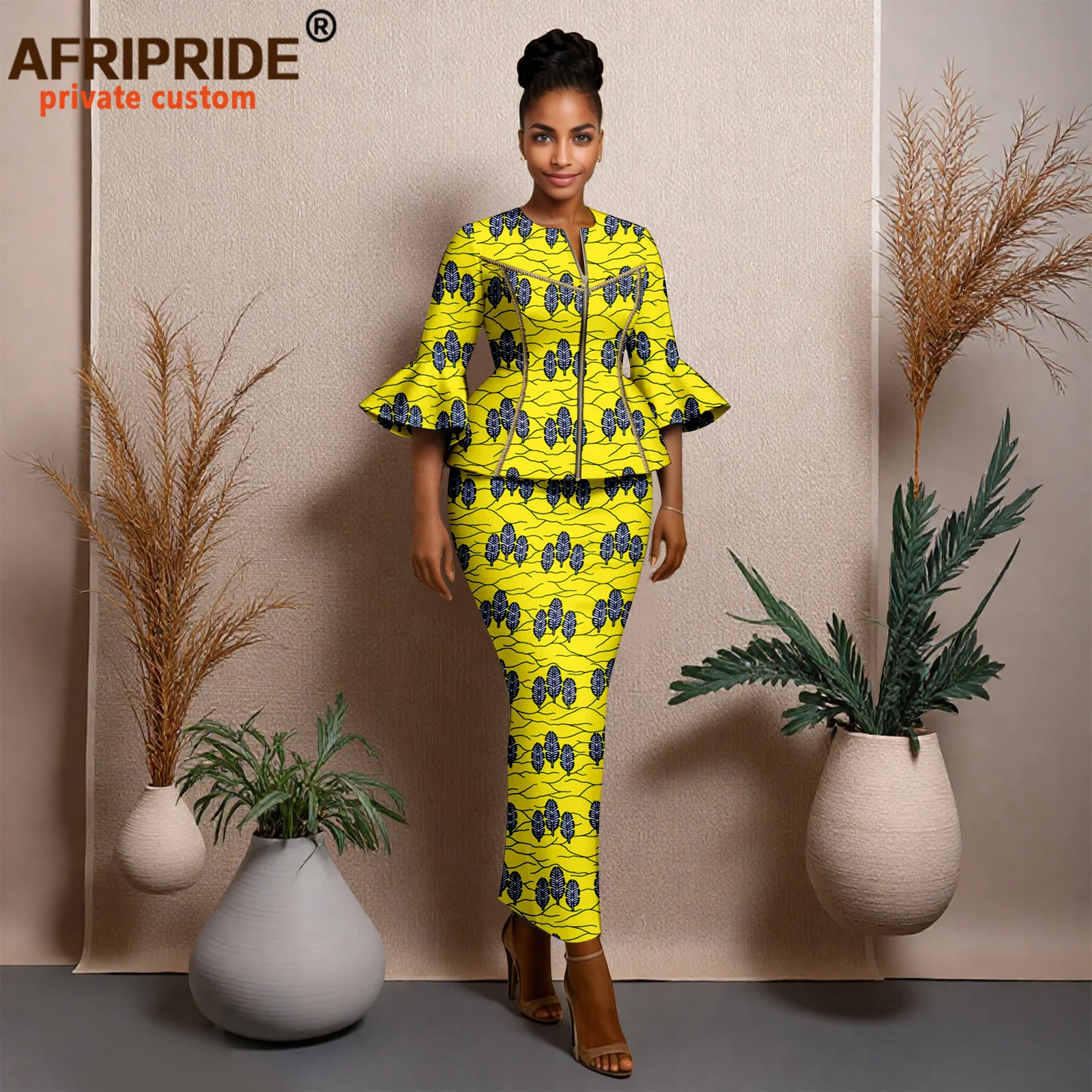 

African Clothes for Women Half Sleeve Zip Shirts and Midi Skirts 2 Piece Set Vintage Traditional Outfits Ankara Attire A2626010