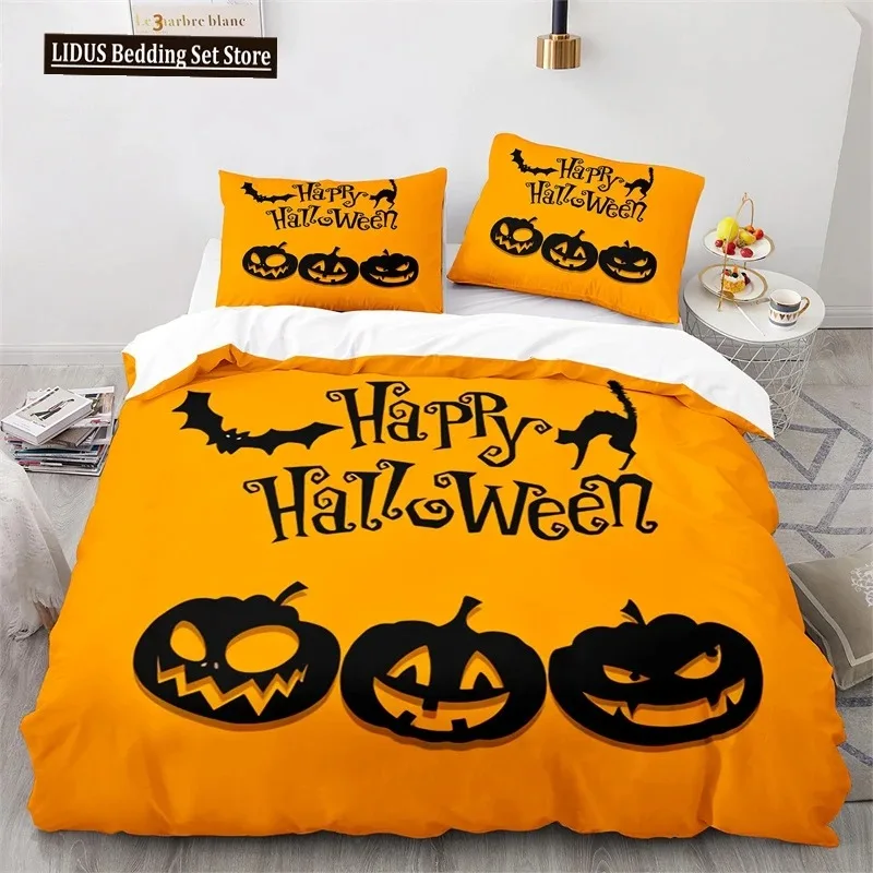 

Halloween Bedding Set Pumpkin Duvet Cover Polyester Cartoon Horror Festival Bat Comforter Cover Twin King For Boys Adults Decor