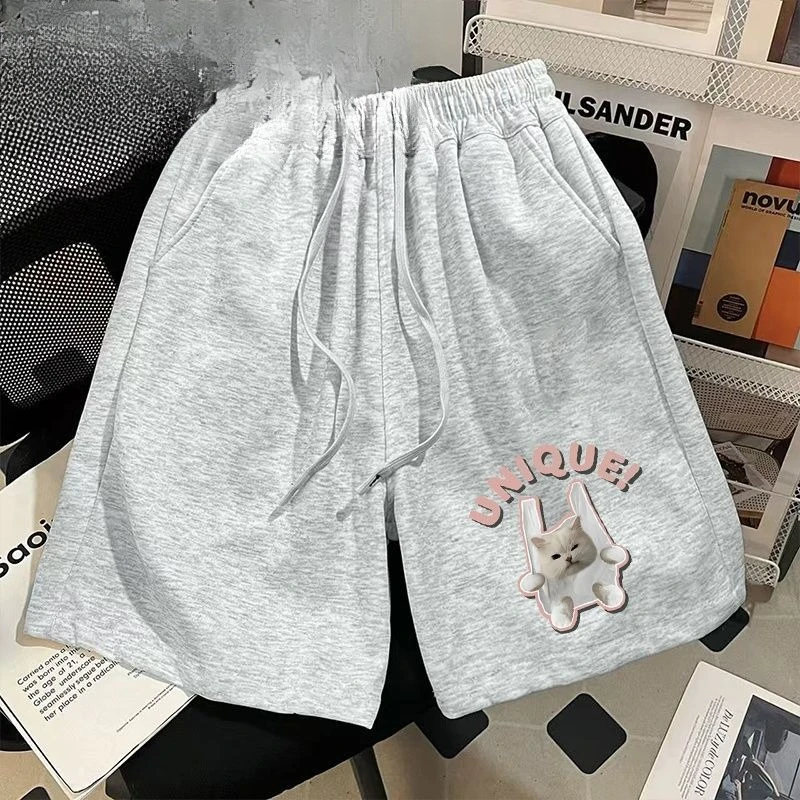 

Тяжелые шорты с принтом кота дофамина для мужчин и женщин, прямые пара, универсальные свободные спортивные широкие брюки с пятью точками
