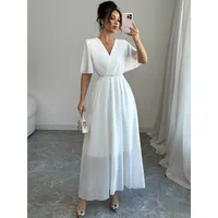 Vestido midi de gasa fluido de verano para mujer de talla grande, informal, con cuello en V, manga corta, cintura alta, vestido de playa bohemio, vestido largo para invitados de boda