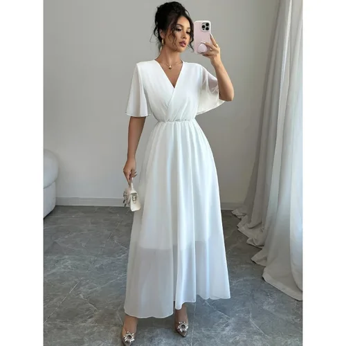 Vestido midi de gasa fluido de verano para mujer de talla grande, informal, con cuello en V, manga corta, cintura alta, vestido de playa bohemio, vestido largo para invitados de boda