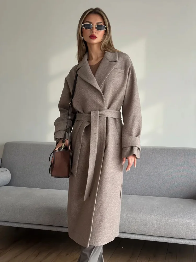 

Women Chic Checked Woolen Coat Fashion Lapel Single Breasted Lace Up Pocket Loose Overcoat Female Daily Commute Street Jacket