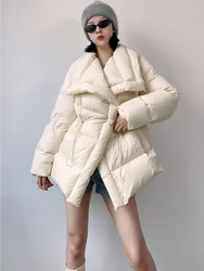 White Duck Down Coat for Women, Large Lapel Down Collar, Drawstring Waist Loose Long Jacket Winter Jackets, New Arrival Fashion