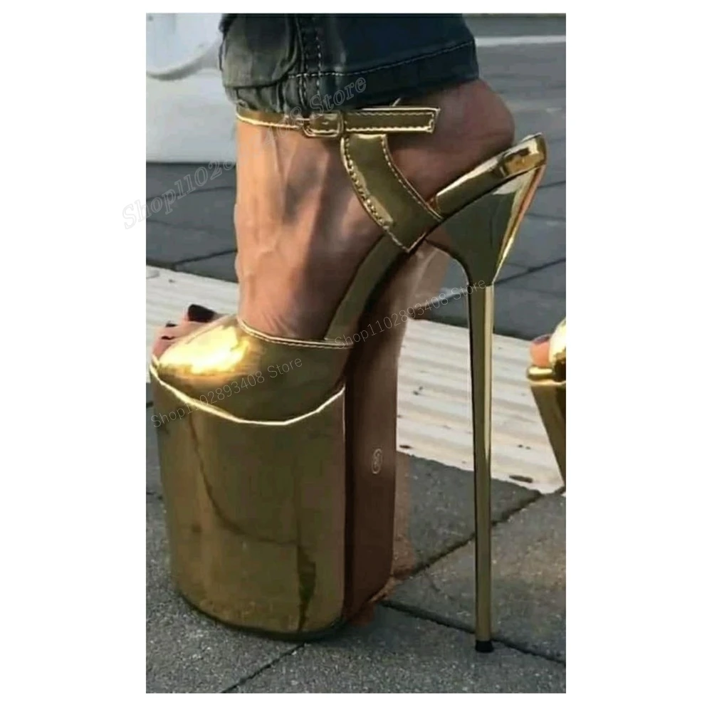 Gold Patent Leather Waterproof Sandals Peep Toe Stiletto High Heel Ankle Buckle Women Shoes 2024 Summer Sexy Zapatos Para Mujere