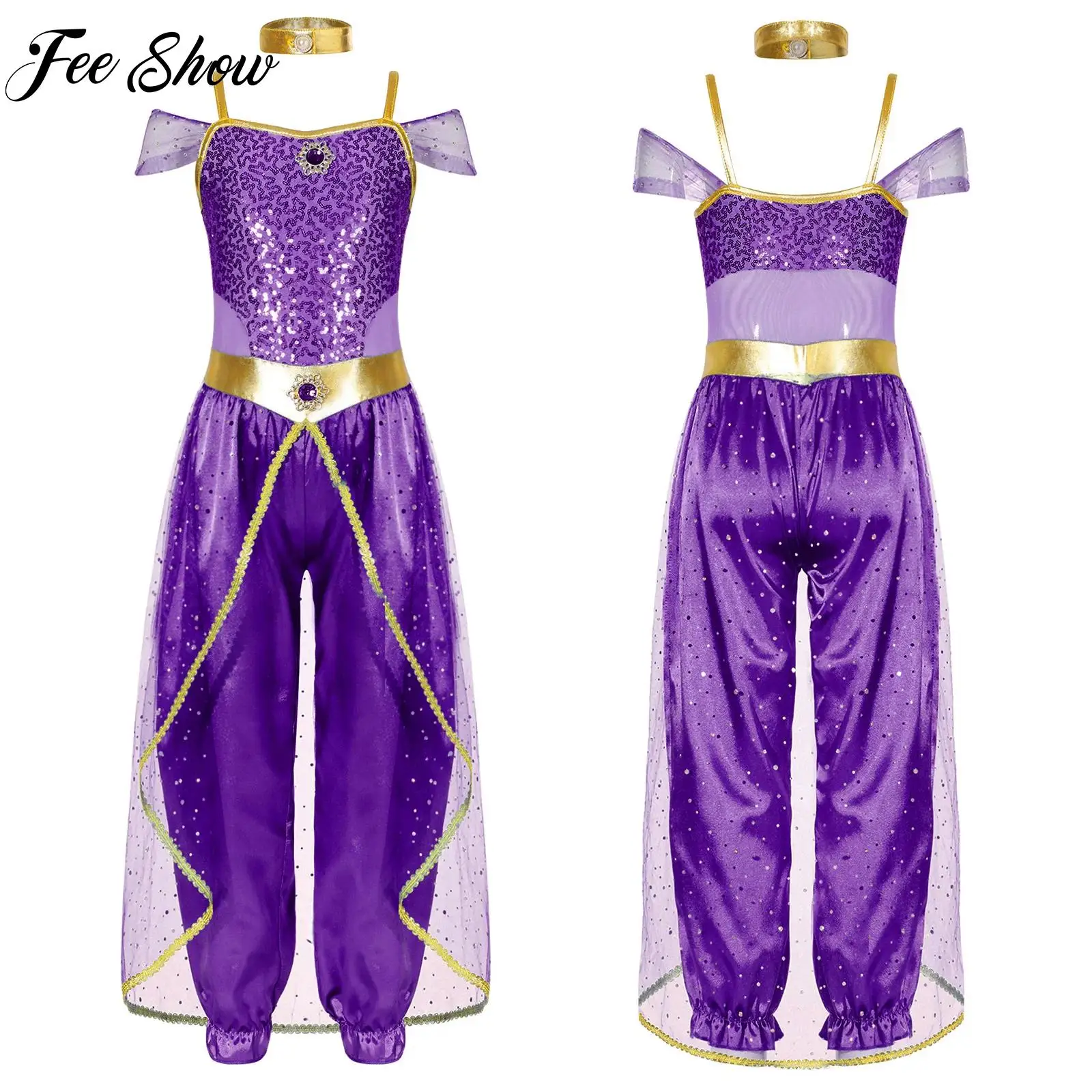 

Girls Arabian Princess Jumpsuit Birthday Party Festival Indian Dance Performance Clothes for Halloween Cosplay Jasmines Costume
