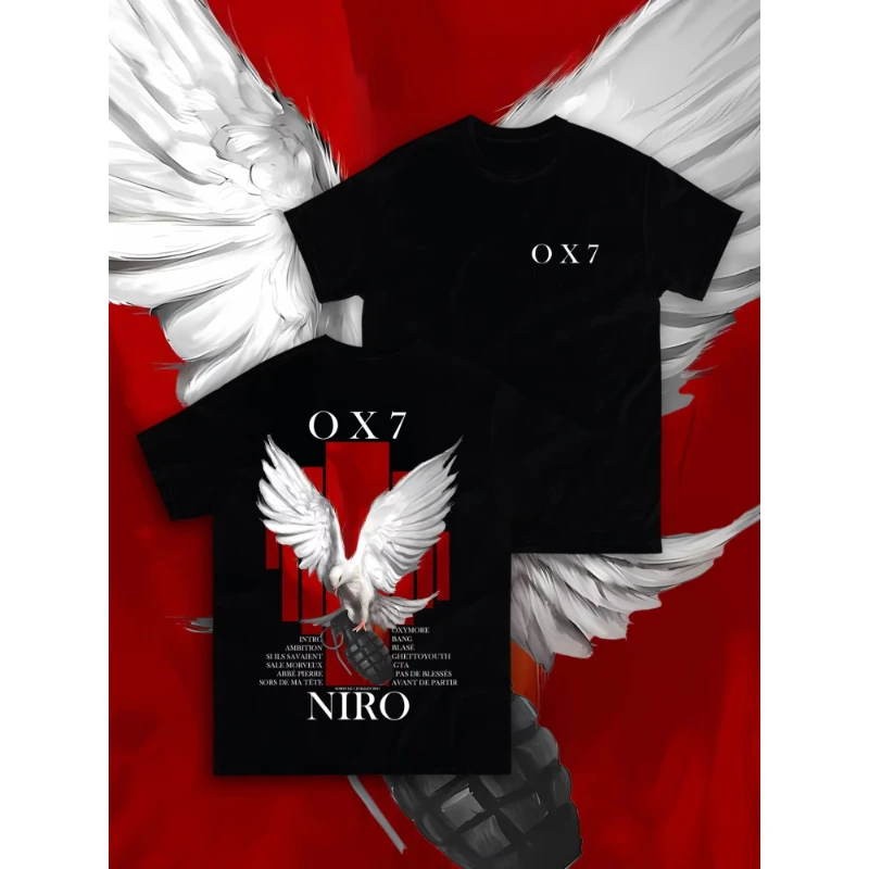 ​ ​ ​ ​ T-shirt ufficiale da uomo genuina OX7 Street Slogan Stampa Peace Dove Granata Contrasto T-shirt in cotone vintage Urban Streetwear Edgy