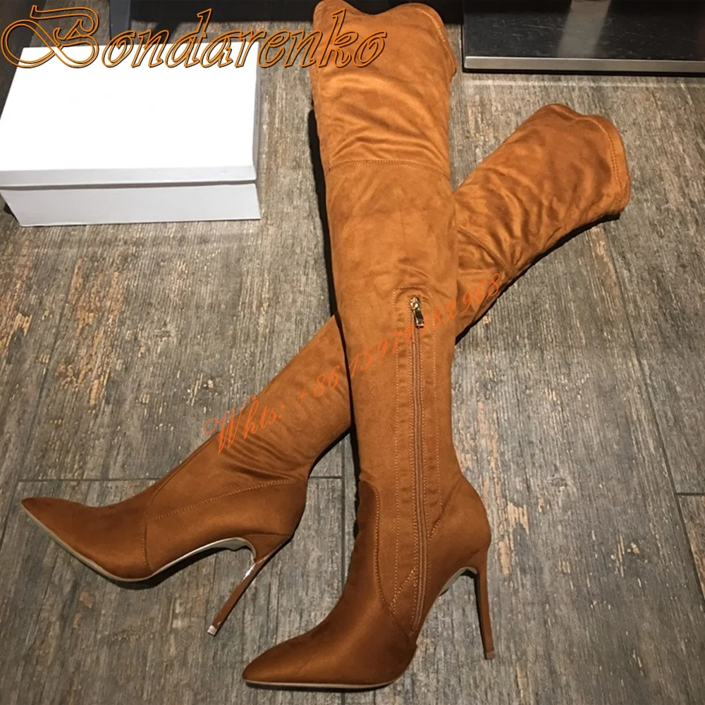 

Brown Suede Fitted Boots Pointy Toe Metal Stiletto Heels Women Shoes Over The Knee Side Zipper Solid Winter Dress Big Side Boot