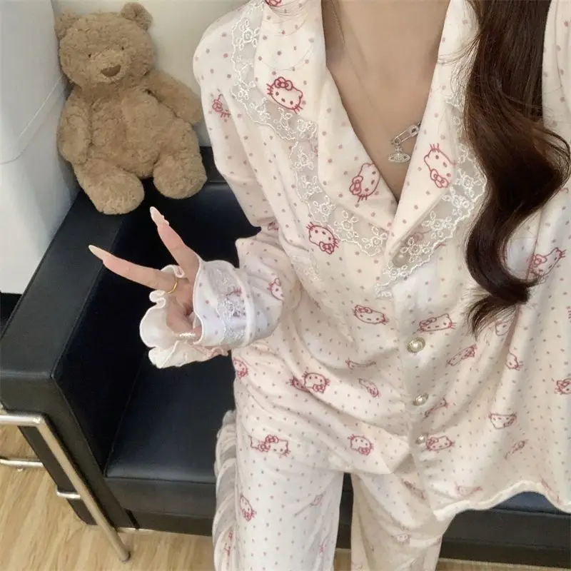 

Корейская пижама Hello Kitty: женская осенне-зимняя пижама с длинными рукавами и брюками, свободная домашняя одежда для отдыха, хит продаж