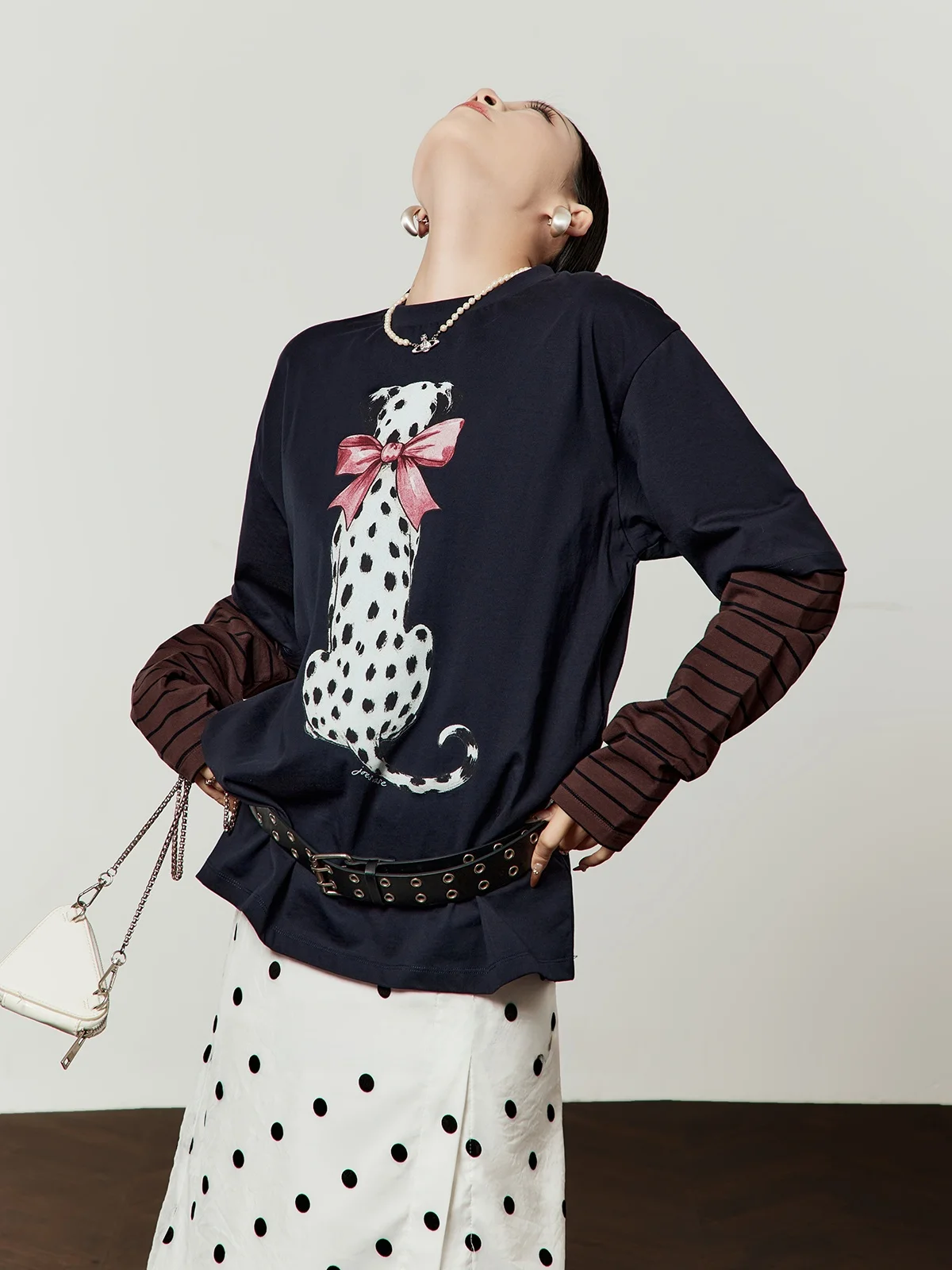 

Loose Long Sve T-irt Women's Royal Blue Printed Casual Sle Splicing Spring New Arrival Faion Retro Pattern Leopard