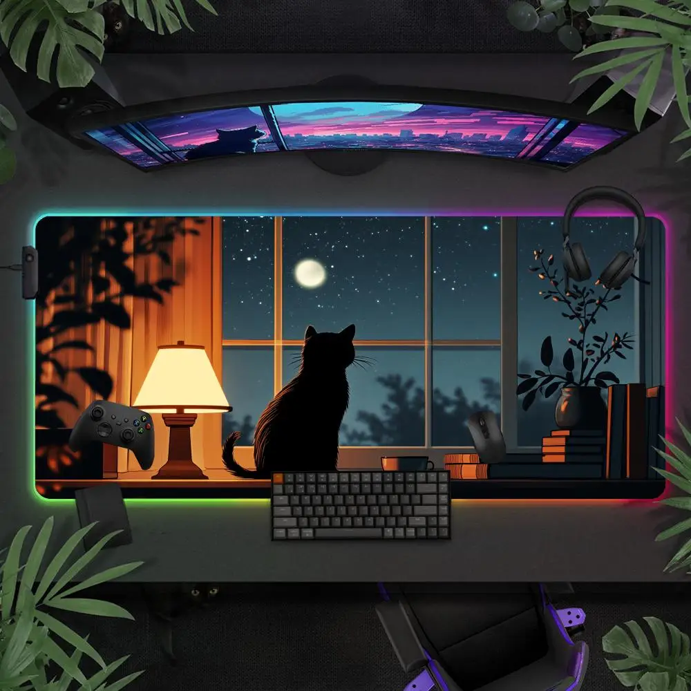 

Black Cat Mouse Pad Large RGB Gaming Mousepads LED Light Locked Edges Game Accessories Anime Table Pads Keyboard Mat XXL 90x40cm