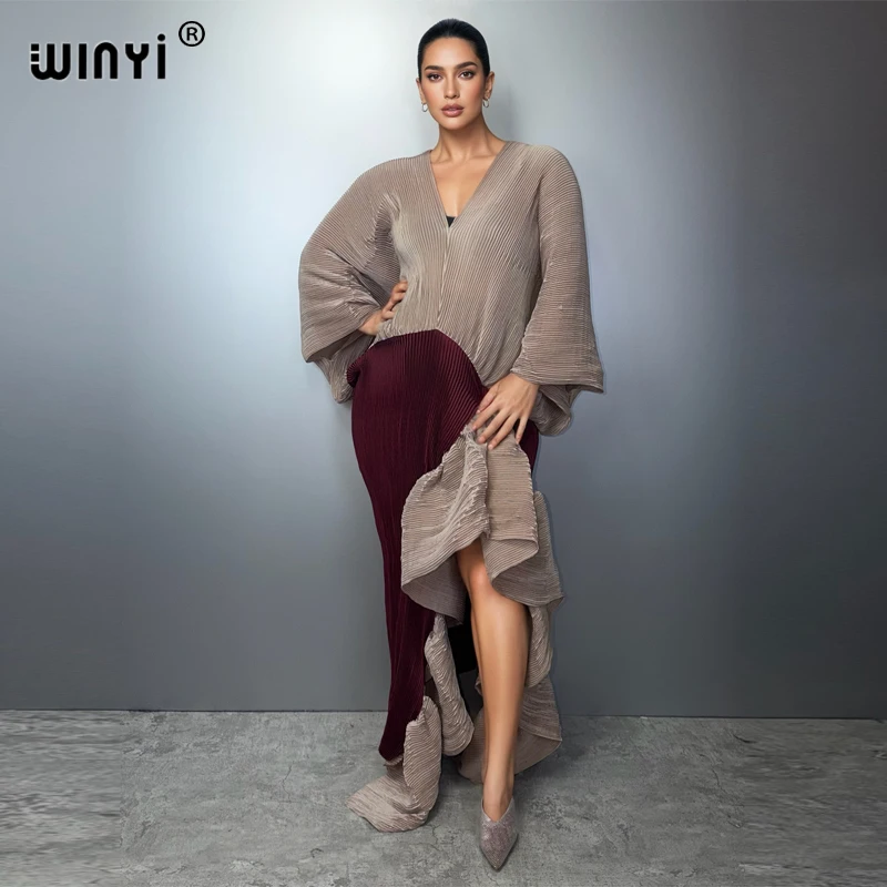 WINYI New Pleated Slim High-Fork Dress for Women Fashion Beach Cover-Up Muslim Kaftan Abaya Dubai Luxury Long Evening Gown view 6