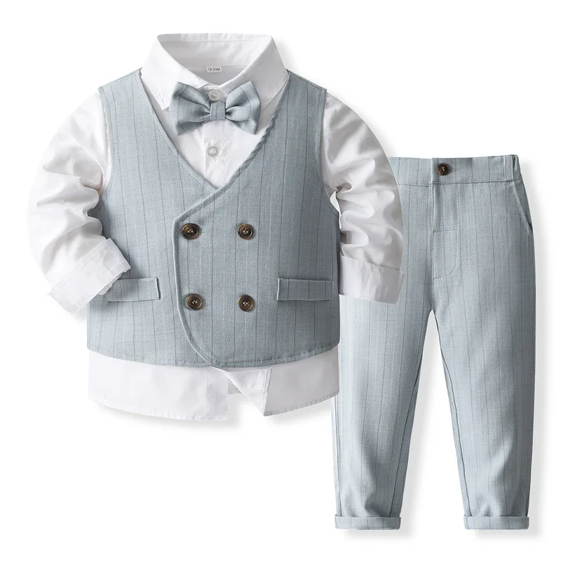 4Piece Sets Spring Toddler Boys Clothes Korean Fashion Gentleman Suit Cotton Tops+Vest+Pants+Tie Baby Boutique Clothing BC763