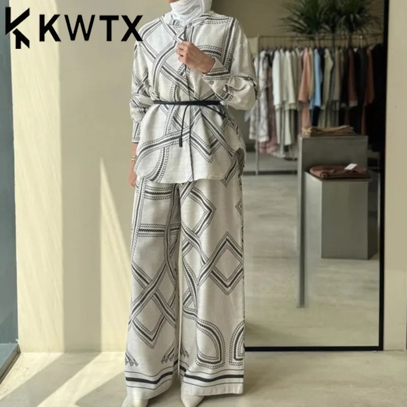 

KWTX Linen Print Shirt & Pants 2 Piece Set Women 2025 Spring Summer Boho Chic Designer Oversized Casual Beach Outfit