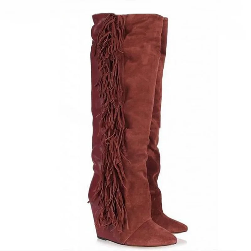 Fashion White Knee High Boots Fringe Wedge Height Increaing Winter Women Boots Top Brand Round Toe Female Motorcycle Tassel Boot