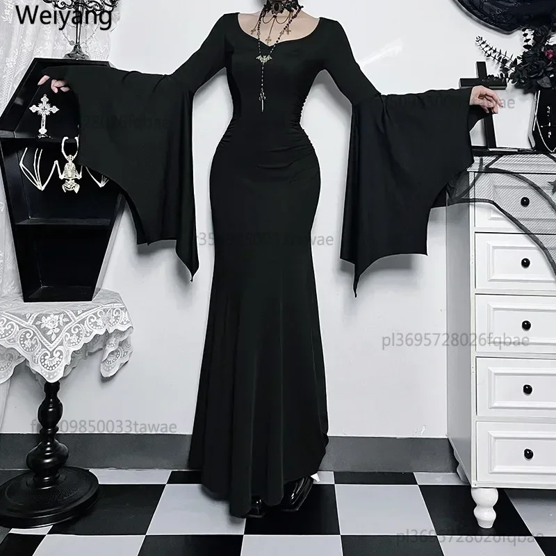 Halloween-Kostüm für Frauen, Fledermausärmel, Bodenlanges Kleid, Schwarzes Gothic-Kostüm, Böse Terror-Maxikleid, Herrin Morticia Addams Familien-Outfit für Erwachsene