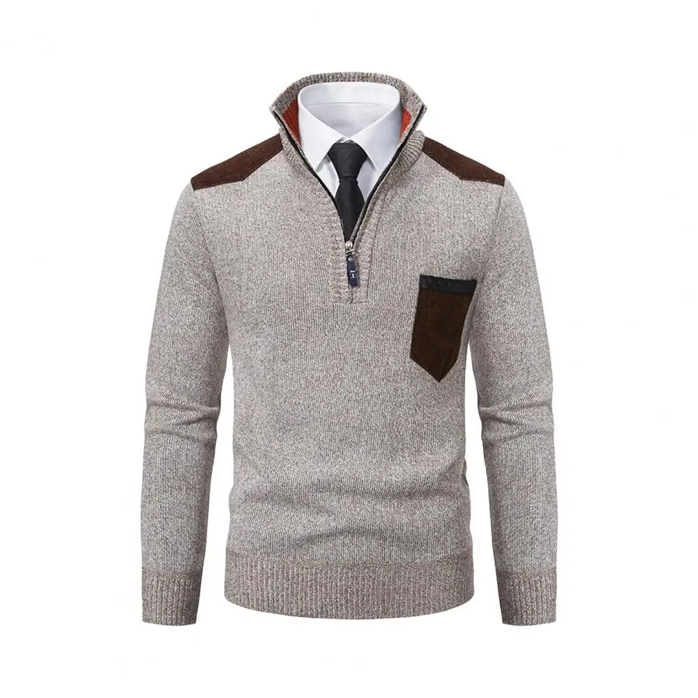 Winter Men Sweater Zippered Stand Collar Long Sleeves Knitted Thick Chest Pocket Pullover Slim Warm Mid Length Top