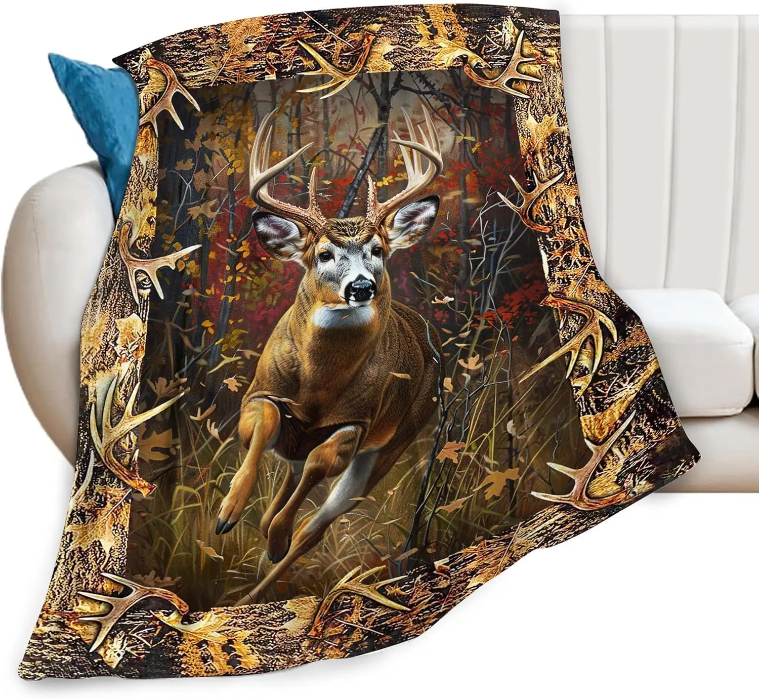 Running Whitetail Deer Antler Frame Autumn Forest Camo Print Flannel Blanket Soft Throw For Sofa Bedroom Indoor Daily Home Decor