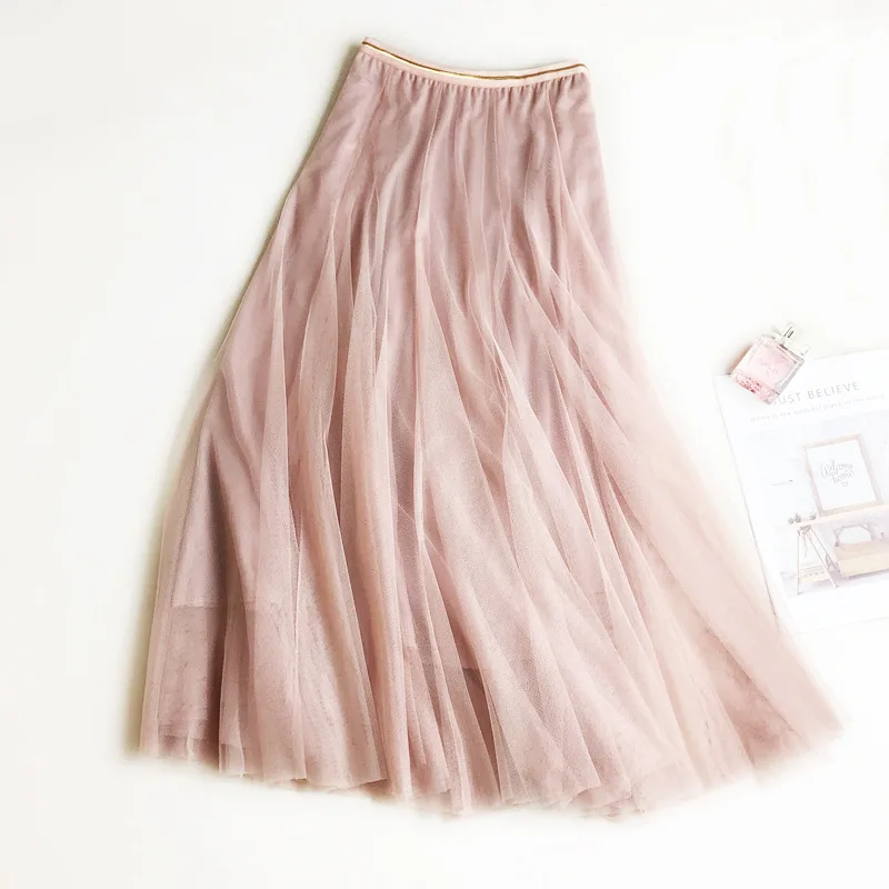 Summer Mesh Women Pleated Skirt Solid High Waist A Line Tulle Skirts Chic Long Maxi Tutu Skirt Holiday Beach Tulle Skirt