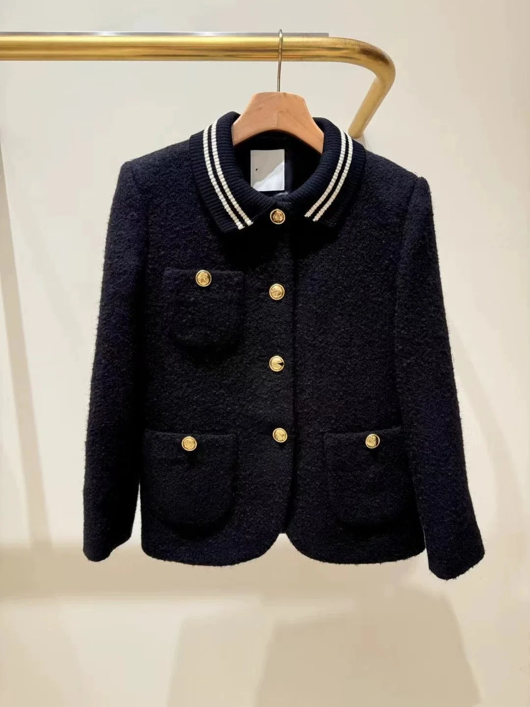 

Bla Woolen Ne Coat with Multiple kets And Stripe Color Blo Design Autumn New Sle College Sle Outerwear