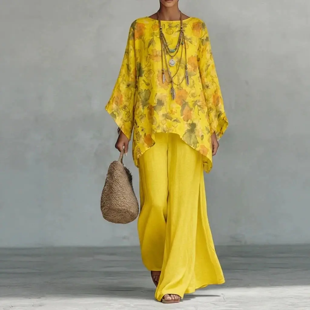 

Casual Two Piece Set Loose O-neck 3/4 Sleeve Print Tops & Solid Wide Leg Pants Suit Fashion Commuting Woman Matching Set
