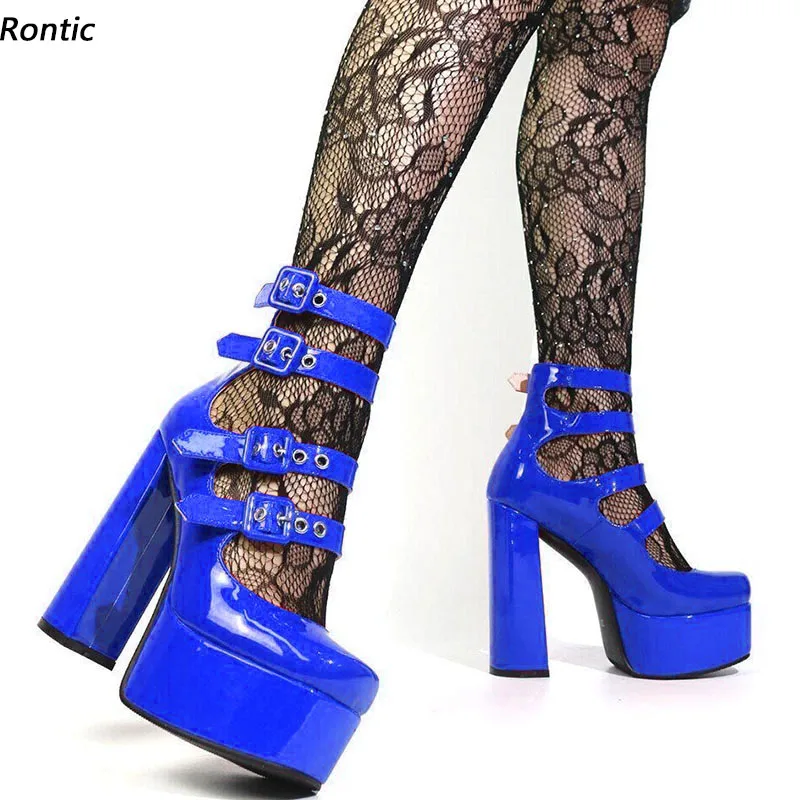 Rontic Real Photos Women Spring Pumps Platform Patent Block Heels Round Toe Beautiful Blue Red Pink Party Shoes US Size 5-15