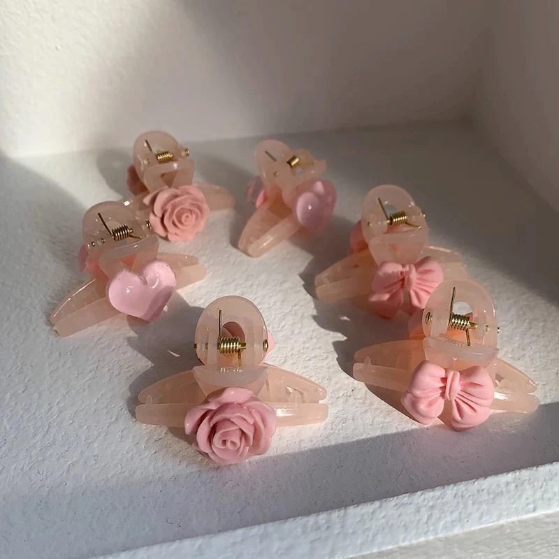 Süße Blume Bogen Herz kleine Haar Kralle rosa durchscheinende Haars pangen für Frauen Mädchen einfache Haarnadel Haarschmuck Kopf bedeckung