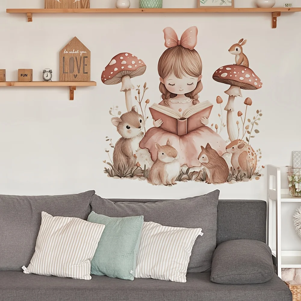 1 Piece of Squirrel Mushroom Forest Princess Sticker for Decorating Bedroom and Study Room Background, Self-Adhesive, Waterproof, Removable Sticker
