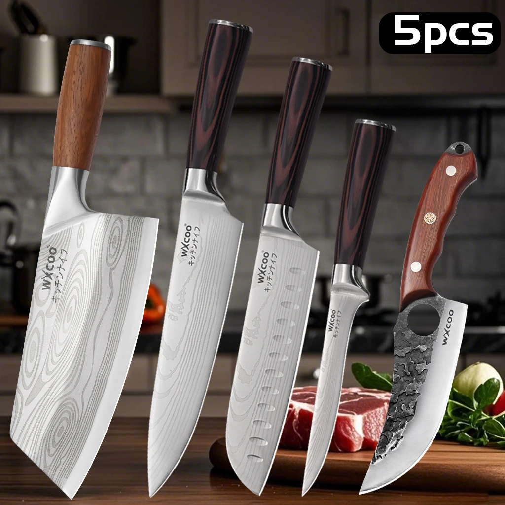 

Stainless Steel Butcher's Deboning and Meat Cutting Knife 1-5PCS Japanese Kitchen Chef's Knife Laser-textured Santoku Knife