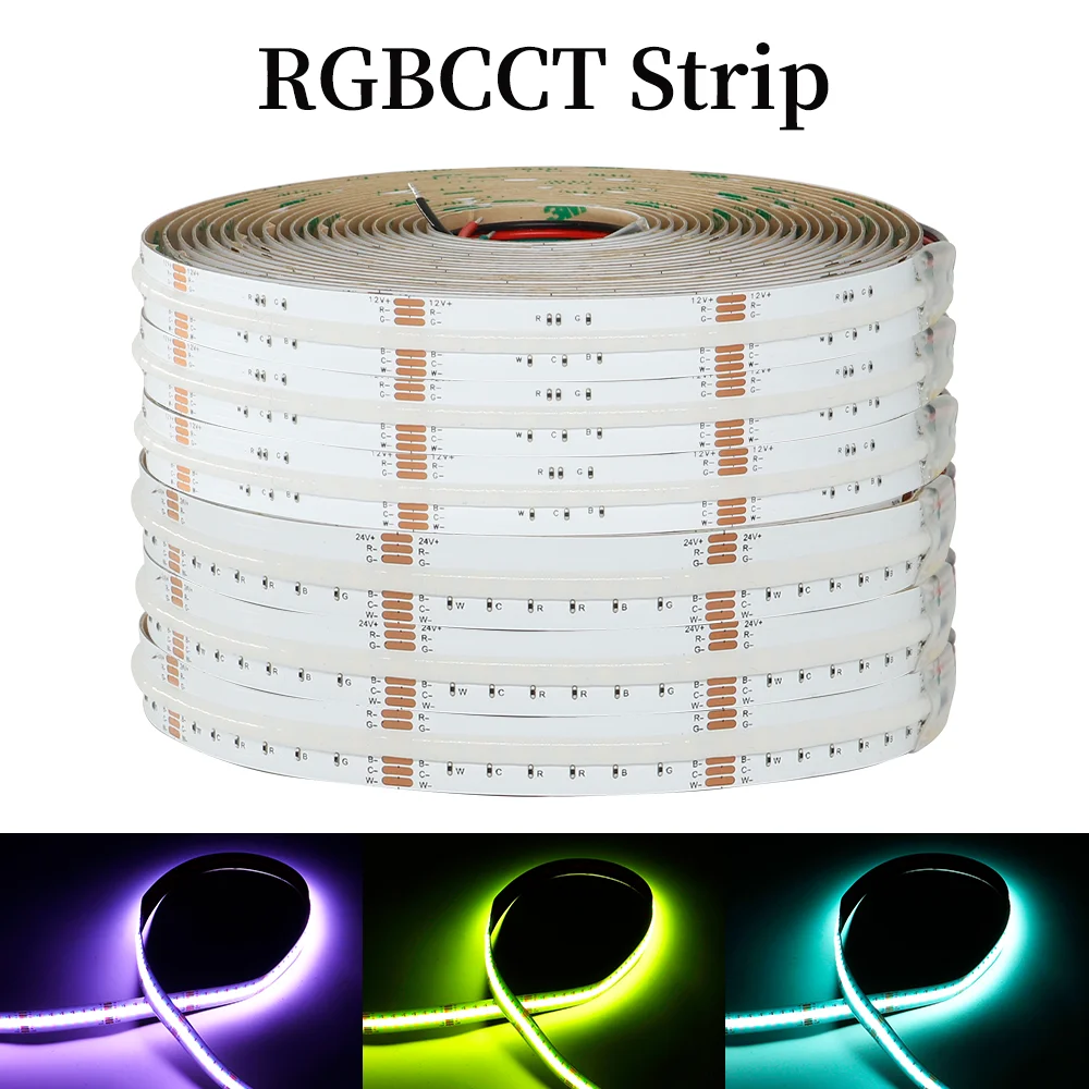 

12mm 960leds/m RGBCCT COB led Light Strip white Black PCB High brightness RGB CW NW WW Flexible FCOB LED Tape RA90 6Pin 12V 24V