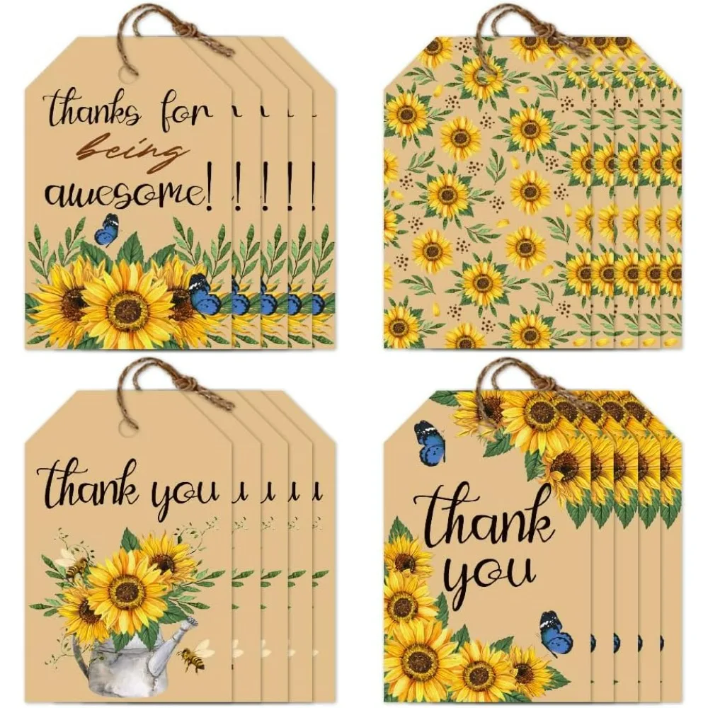 120 PCS Gift Tags Sunflower Kraft Paper Gift Tags with String 3x2in Thank You Present Labels for Gifts for Women's Day Wedding