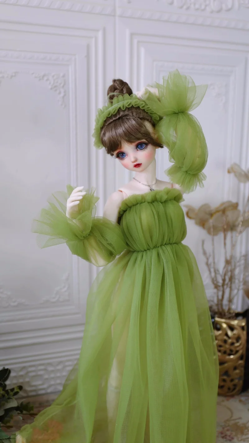 bjd Doll clothes fit into 1/3 1/4 1/6 size one-line shoulder Pompon Fairy gauze skirt long dress bridal doll accessories