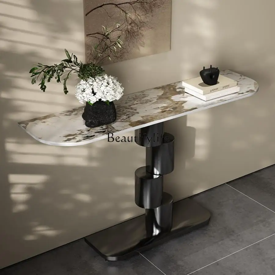 Simple and creative light luxury rock slab entrance table end view table living room against the wall