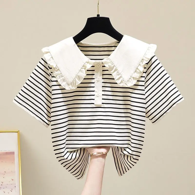 

Girls' Striped Short Sleeve T-Shirt Summer Fashion mid Size Versatile Loose Top Children's Clothing