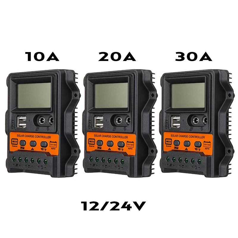 New Solar Charge Controller PWM Controller With LCD Display 10A 20A 30A 12V 24V Dual USB 5V Output Solar Panel Charger Regulator