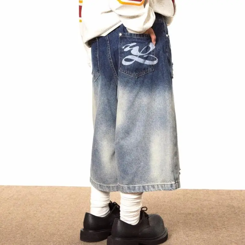 New Arrival Women Denim Shorts In Vintage Style Gradient Hole High Waist Wide Leg Korean Fashion Washed Capris