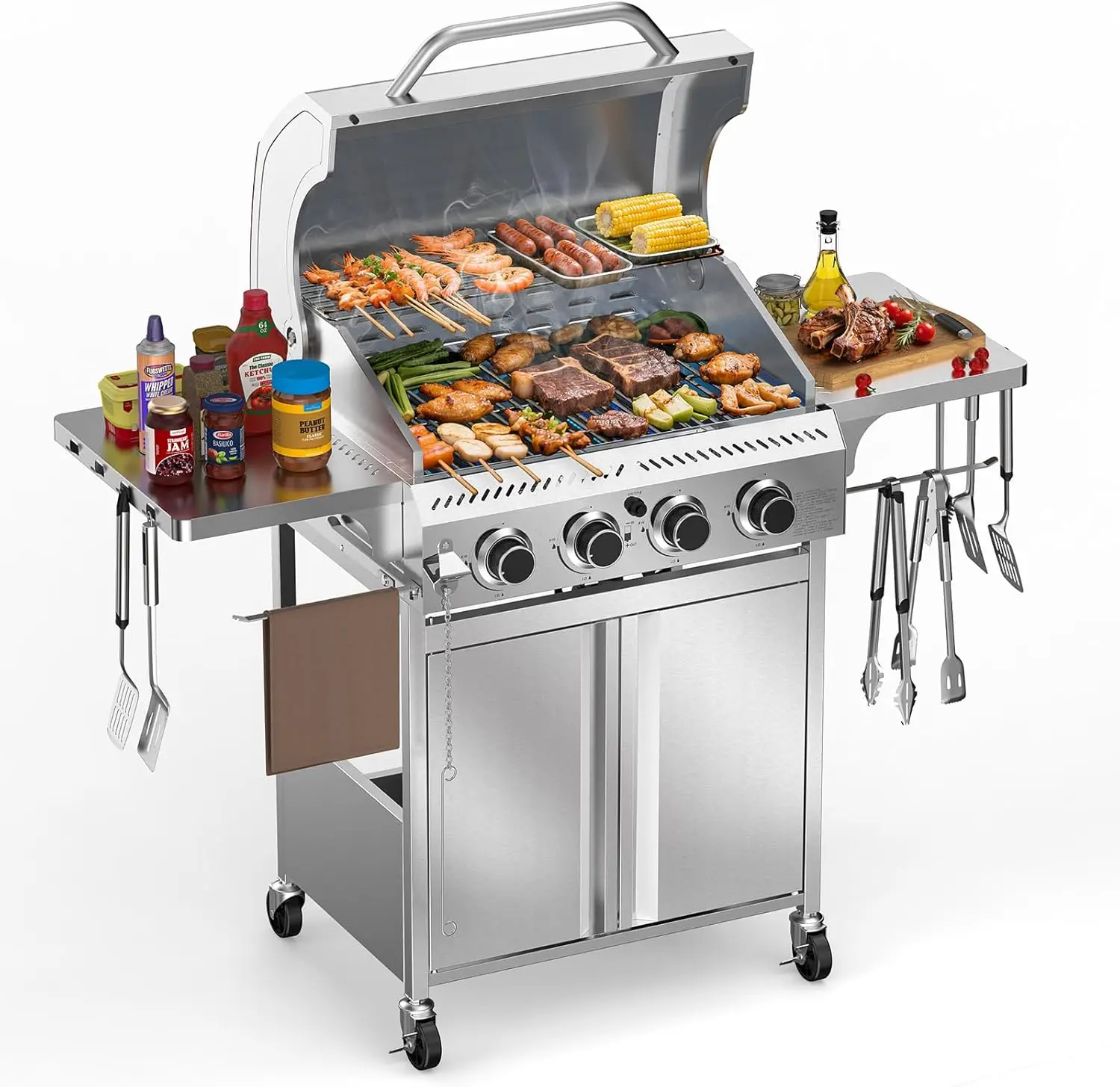 

4-Burner Gas Grill,Propane Grill with Folding Side Shelf,Heavy-Duty Thickened Stainless Steel Grill,32,000 BTU BBQ Grill for Out