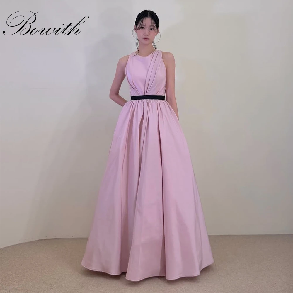 

Bowith Pink Evening Dresses O-Neck Sleeveless Prom Dresses A-Line Draped Customized Simple Elegant Party Dresses for Girls