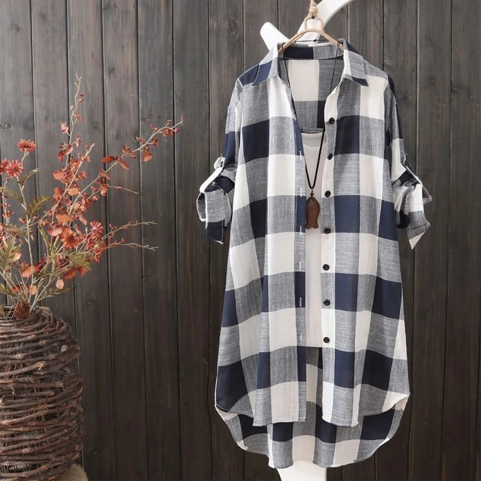 Shirts Women Elegant Plaid Print Autumn Long Sleeve Cardigan Loose Shirt Long Outwear Irregular Oversized Tops Thin Jacket Tunic