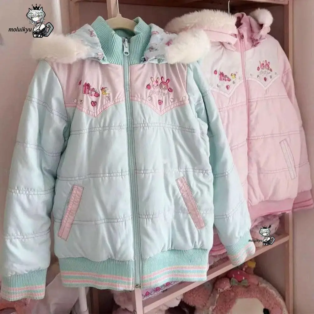 Anime Kawaii Girls Winter Quilted Coat Faux Fur Hooded Puffer Jacket Cotton-Padded Jacket for Cute Bunny Warm Thick Outwear