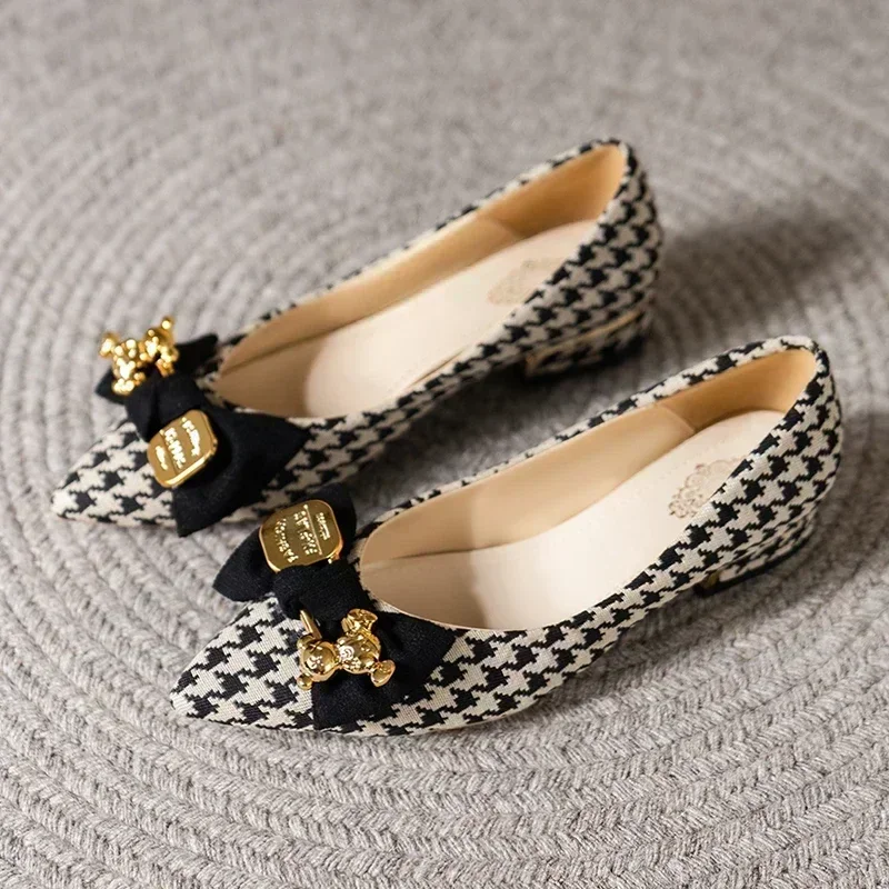 2024 Spring and Autumn Women's Shoes Versatile Pointed Toe Stitching Fashion New Flat Shoes Houndstooth Bow Basic High Heels