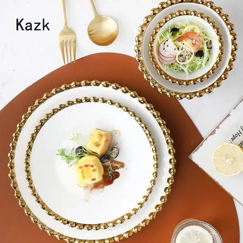 Creative Golden Beaded Side Dinner Plate Nordic Ceramic Plates and Bowls Spaghetti Dishes Dessert Salad Dish Western Tableware