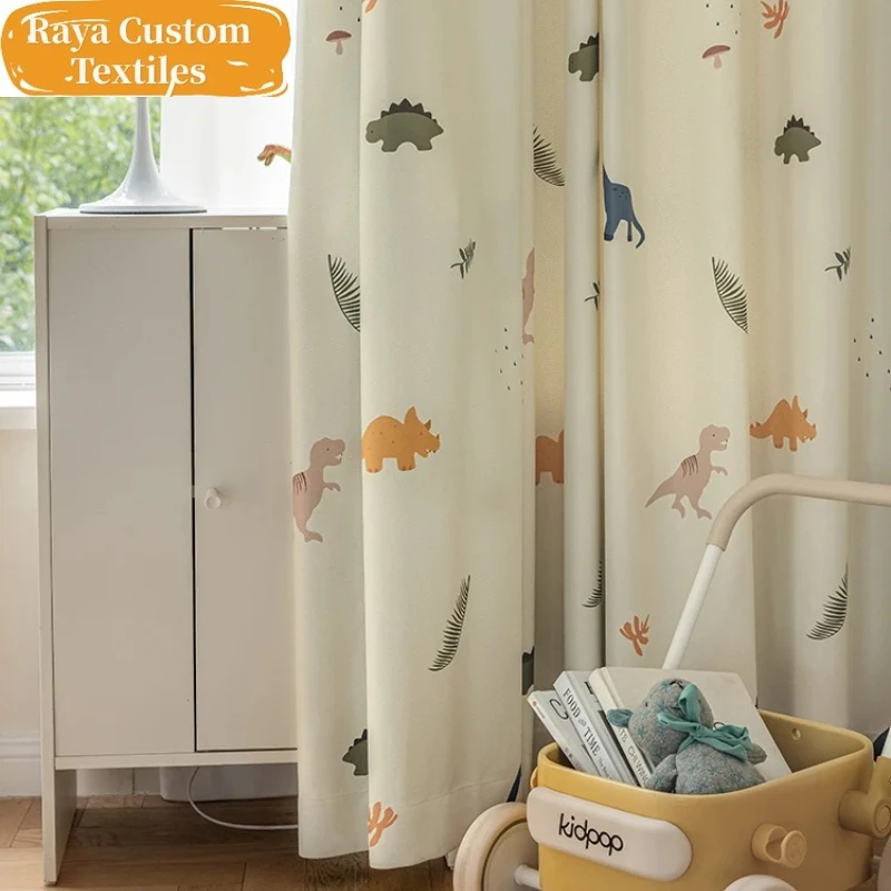 

Custom Size！！Modern Children's Cartoon Dinosaur Pattern Beige Curtains for Living Dining Room Bedroom Decor Window White Tulle