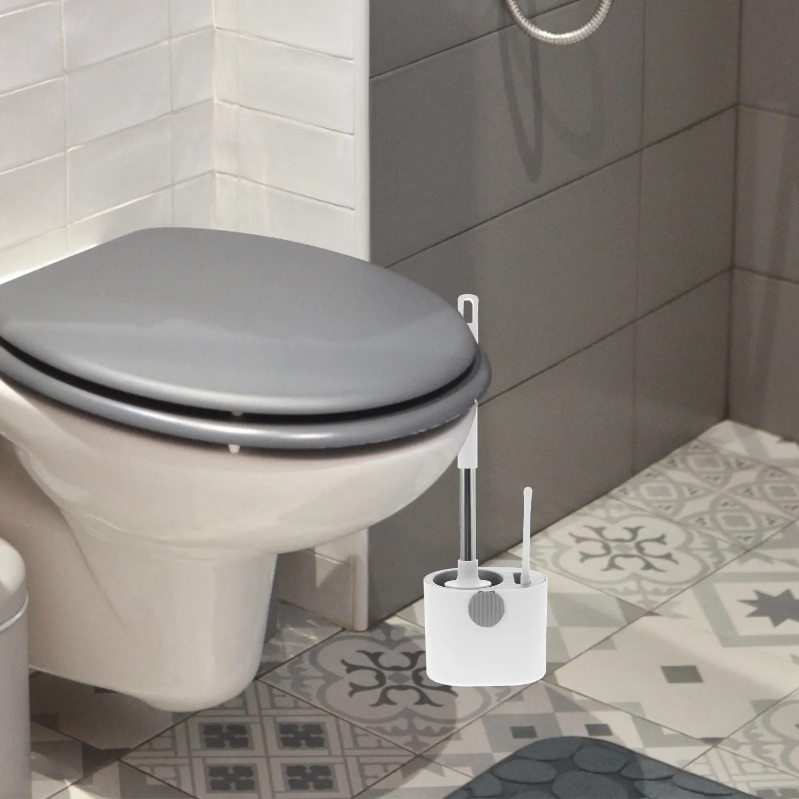 

1Set Toilet Brush Rack Punch-Free Hanging Wall-Mounted Stainless Steel Plastic Bathroom Cleaning Tool Long Handle Anti-Slip Home