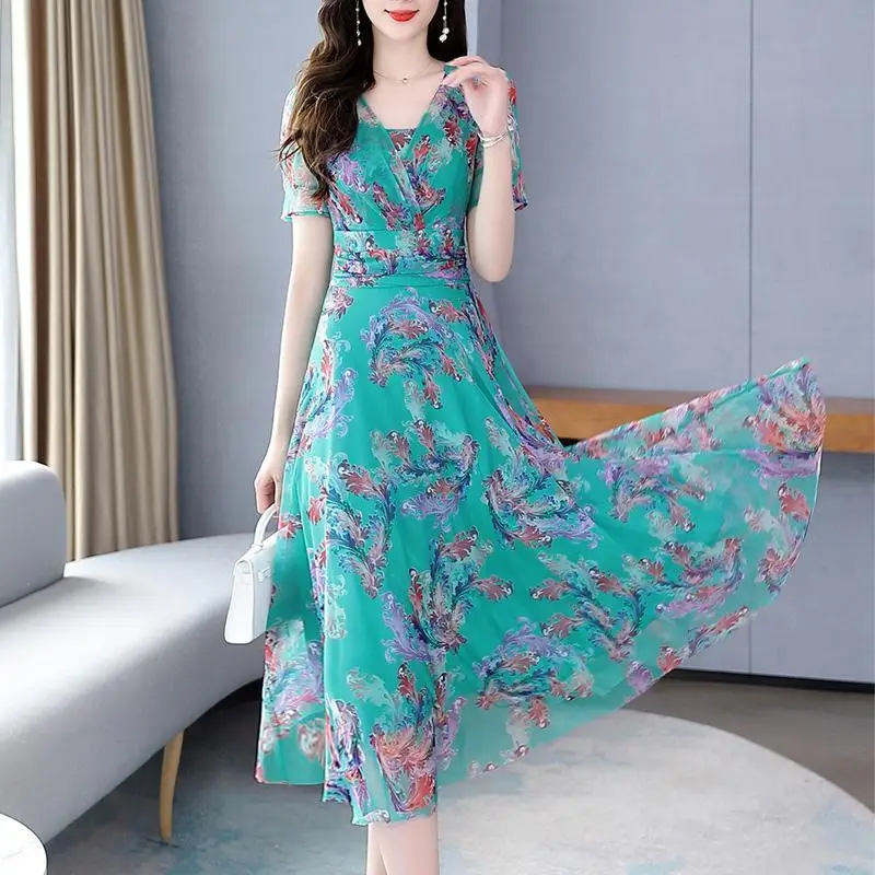 

Print Dress Women Summer Maxi Dresses Party Gala Festivals Short Sleeve A Line Korean Chic Robe Pink New