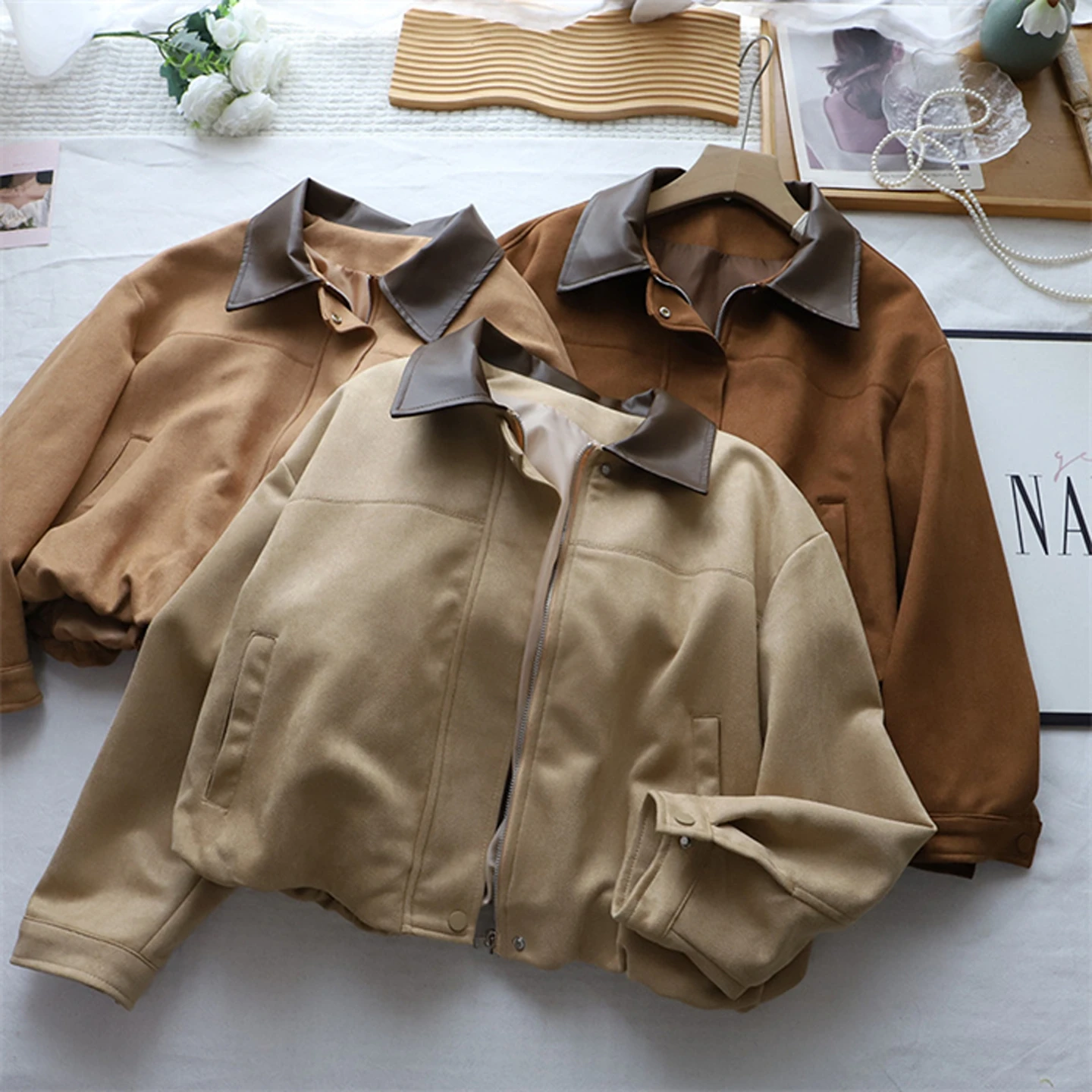 

Women's ort Jaet Coat PU Leather European Sle Long Sve Zipper Closure Color Blo Design Faionable Ladies' Outerwear