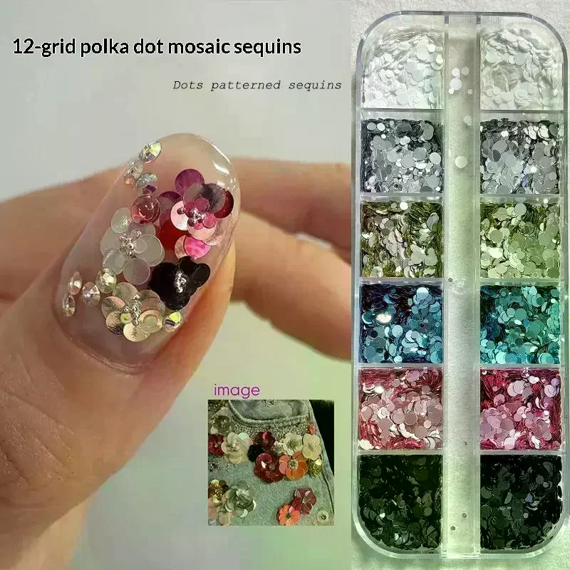 12 Grids Mixed Mini Circular Nail Glitter Flower DIY Wave Point Sequin Colorful Sparkling Nail Charms Nail Decoration Accessorie