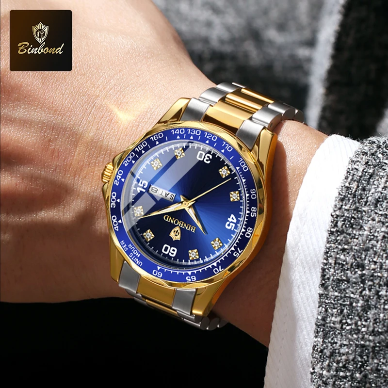 BINBOND B503 ساعات يد كوارتز مقاومة للماء للرجال، ساعات عمل بحزام من الفولاذ المقاوم للصدأ للرجال، ساعة عرض أسبوع التقويم