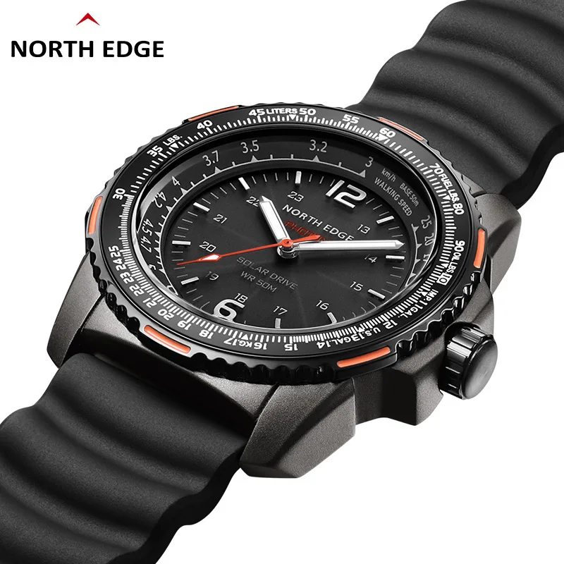 50m Waterproof Outdoor Sports Solar-powered Smartwatch for Men NORTH EDGE PHOTON 1.75 Inch Circle Luminous Quartz Digital Watch
